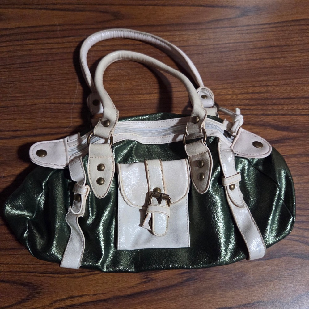 Vintage Y2K Metallic Green Satchel Handbag Cream Trim Leopard Print Lining